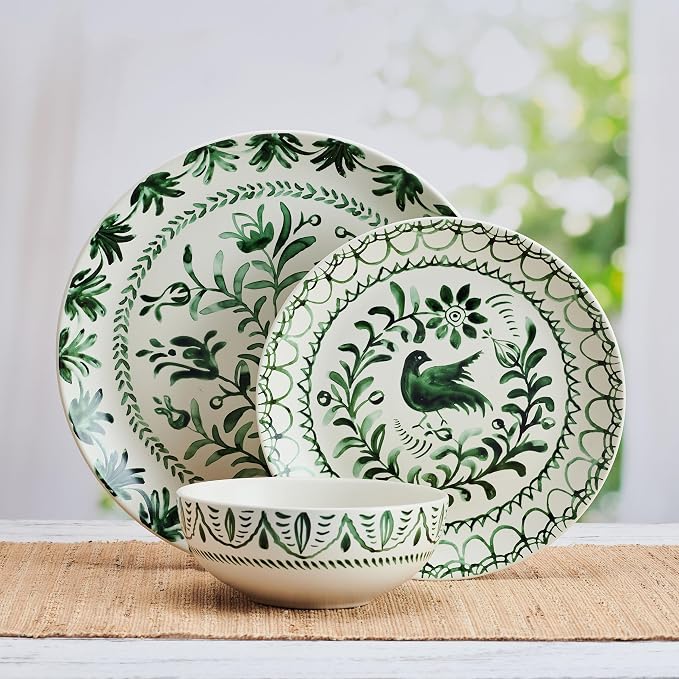 Fitz and Floyd Sicily Green 12-Piece Dinnerware Set - Stoneware Plates and Bowls Set for 4, Floral Green and White Dish Set, Microwave and Dishwasher Safe