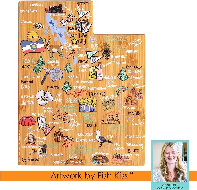 Totally Bamboo Utah State Shaped Cutting Board, Art by Fish Kiss | State charcuterie board with colorful hand-drawn map artwork. Smooth reverse side for food prep. Hang tie for wall display.