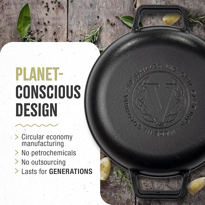 Victoria Cast Iron Round Grill Pan with Double Loop Handles, Made in Colombia, 10 Inches
