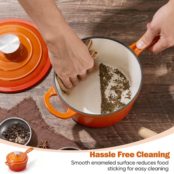 Homikit Small Cast Iron Pot, 2 QT Enameled Cast Iron Sauce Pan with Lid, Heavy Duty Enamel Dutch Oven Kitchen Cookware for Making Pasta, Boiling Soup, Warming Milk, Nonstick & Oven Safe, Flame Orange