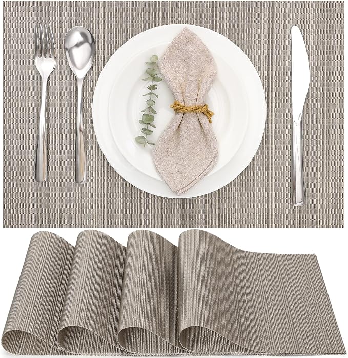 Myir JUN Placemats Set of 4 Kitchen and Dining Table Placemats | Vinyl Placemats Place Mats Indoor/Outdoor Set of 4 Washable Table Mats Non-Slip Place mats for Dining Table, Golden Silver