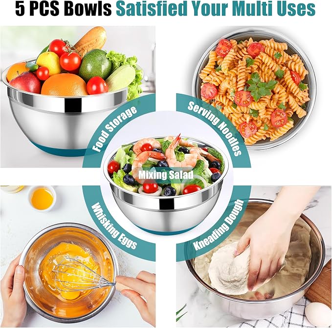 P&P CHEF Mixing Bowls with Lid Set, Nesting Bowl for Storing, Blue | 5 Piece Stainless Steel Salad Mixing Bowls for Prepping, 3 Grater Attachments & Non-Slip Bottoms, Size 1/1.5/2 / 2.6/4.6 QT