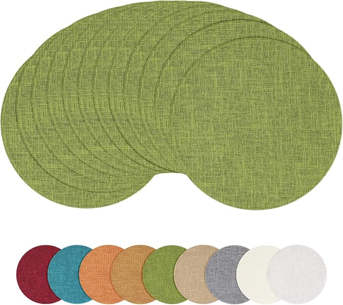 Cotton Linen 15 Inch Round Cloth Place mats, Set of 12, Grass Green | Washable Table Mats, Heat Resistant, Reversible, Wipeable Place Mats for Indoor Outdoor