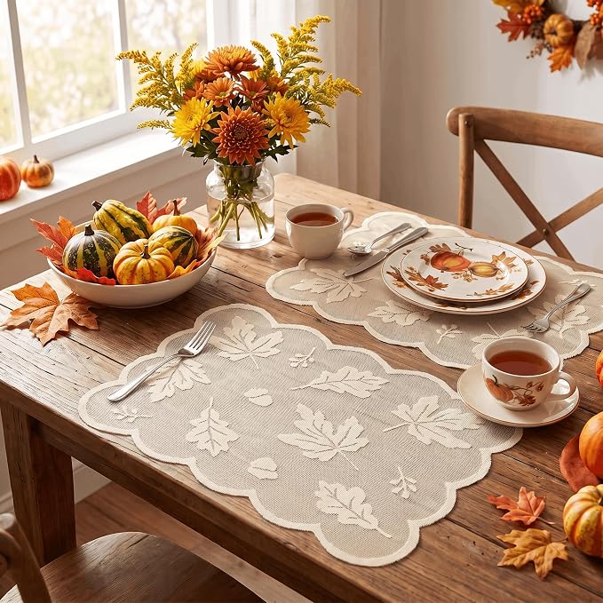 Artoid Mode Beige Maple Leaves Lace Fall Placemats Set of 4, 11x17 Inch Table Mats for Thanksgiving Party Dining Table Decoration