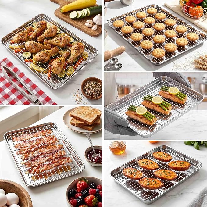 Homikit Baking Sheet with Wire Rack Set (3 Pans + 3 Racks), 16/12/9 Inches | Stainless Steel Sheet Pans with Cooling Racks for Oven, Heavy Duty Metal Cookie Bacon Baking Trays Non Toxic, Dishwasher Safe