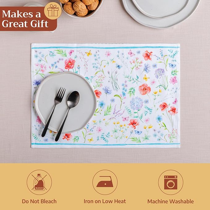 Maison d' Hermine Placemats Set of 4 Reusable 100% Cotton (13"x19") | Cloth Place Mats Washable Table Mats for Kitchen Dining Party Wedding Hotel Home Restaurant Spring Summer - Just Floral