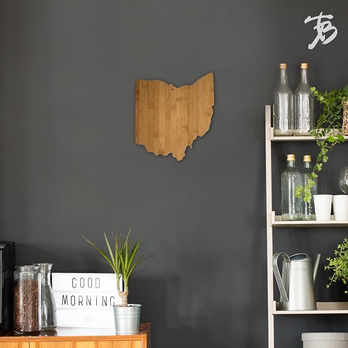 Totally Bamboo Ohio State Shaped Bamboo Serving and Cutting Board | State charcuterie board with natural bamboo grain. Knife-friendly surface for food prep. Hang tie for wall display.