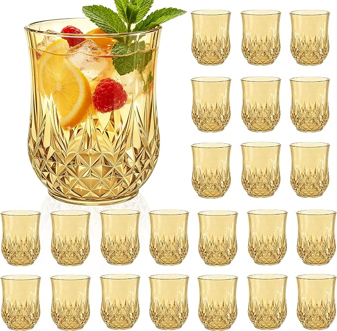 24 Pack Plastic Stemless Wine Glasses, 12oz Unbreakable Wine Cups | Reusable Fancy Vintage Drinking Glass Bulk for Cocktail, Whiskey, Juice, Elegant Decor for Wedding, Party & Holiday Events