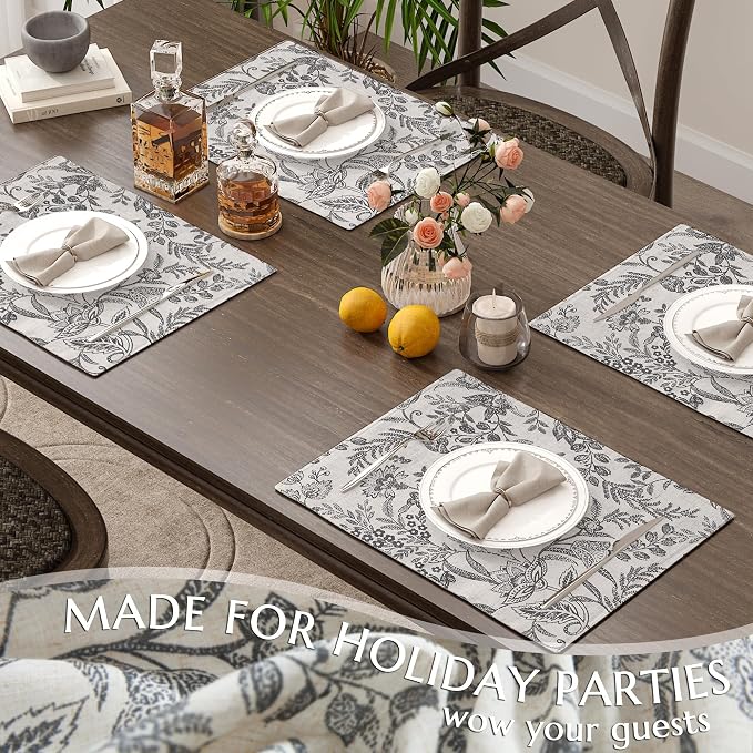 JINCHAN Linen Floral Placemats Set of 4 Farmhouse 13x19 Inch Black | Fabric Placemats, Cottage Style, Vintage Botanical Pattern, Machine Washable, Easy to Store, Reusable