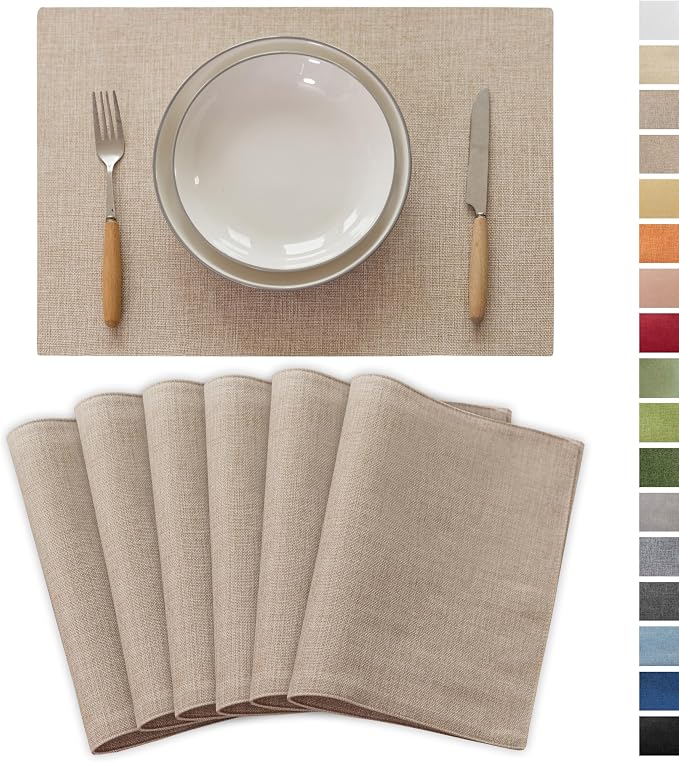 Demetex Placemats Set of 6 Heat Resistant Dining Table Mats Linen Cloth Placemats for Kitchen Indoor Outdoor Place Mats, Light Linen