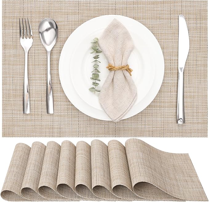 Myir JUN Placemats Set of 8 Kitchen and Dining Table Placemats | Vinyl Placemats Place Mats Indoor/Outdoor Set of 8 Washable Table Mats Non-Slip Place mats for Dining Table, Beige