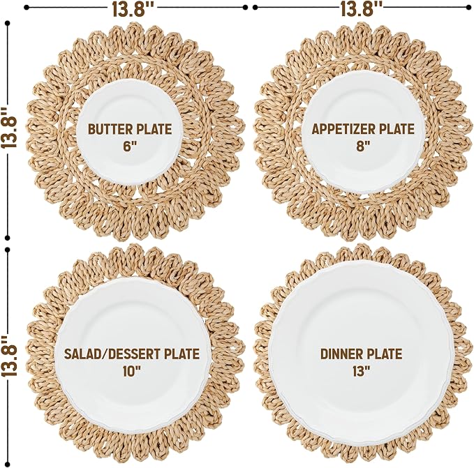 13.8" Corn Husk Woven Round Placemats Set of 4 - Wicker Boho Farmhouse Placemats - Rattan Table Mats for Dining Table, Wedding, Home