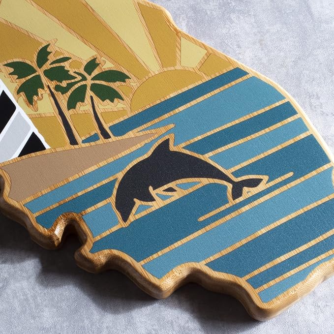 Totally Bamboo Florida State Shaped Cutting Board, Summer Stokes Art | State charcuterie board with colorful hand-drawn landscape art. Smooth reverse side for food prep. Hang tie for wall display.