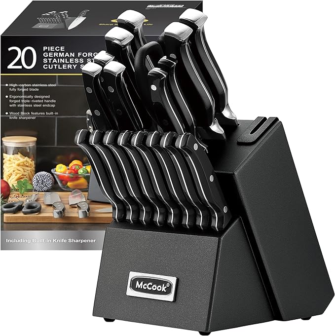 McCook Kitchen Knife Set 20PC Knife Block Set w Built-in Sharpener | German Forged Stainless Steel,Razor Sharp, Anti-Rust,Triple Rivet,Restaurant Grade,Ergonomic Handle,Full Tang,Gift Box