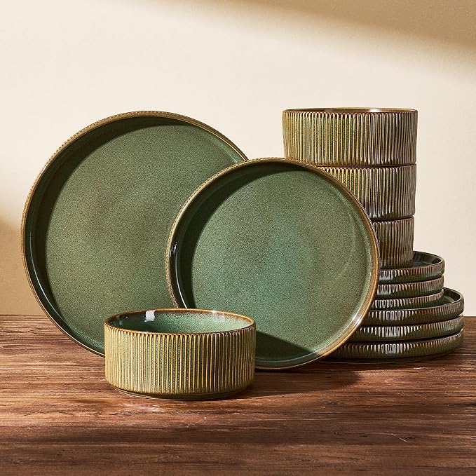 Stoneware Dinnerware Set for 4, Reactive Glaze, Moss Green | 12-Piece Everyday Ceramic Plates and Bowls, Handmade Ribbed Dish Sets, Microwave & Dishwasher Safe, Chip & Scratch Resistant