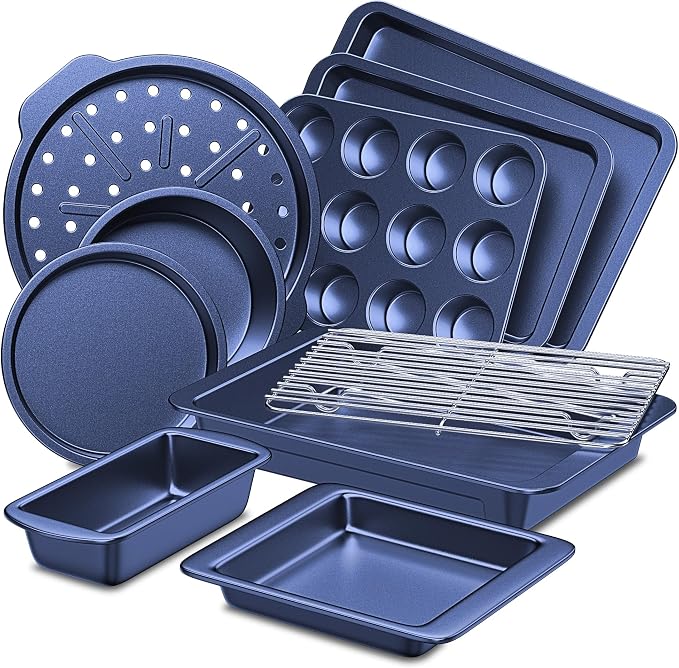 Bakeware Sets, Baking Pans Set, Nonstick Oven Pan for Kitchen with Wider Grips, 10-Piece Including Rack, Cookie Sheet, Cake Pans, Loaf Pan, Muffin Pan, Pizza Pan - Blue