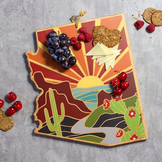Totally Bamboo Arizona State Shaped Cutting Board, Summer Stokes Art | State charcuterie board with colorful hand-drawn landscape art. Smooth reverse side for food prep. Hang tie for wall display.