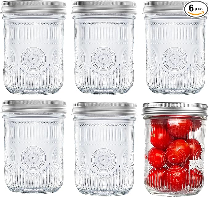 Amzcku 16 oz Vintage Mason Jars with Lids, Regular Mouth Canning Jar, Safe For Storage, Canning, Pickling, Preserving, Fermenting, DIY Crafts & Decor 6 Pack