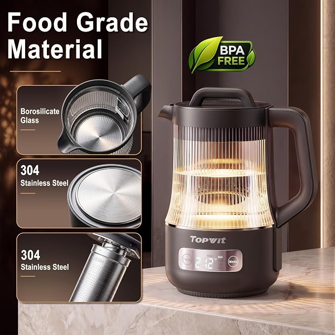 TOPWIT 1.6L Smart Glass Electric Kettle with Temperature Control ±9℉ | Removable Stainless Steel Tea Infuser, Digital Touchscreen, 12 Hours Keep Warm, Auto Shut-Off, Ideal For Family Use, Grey