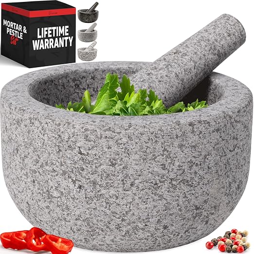 Heavy Duty Large 4 Cup Mortar and Pestle Set, 100% Natural Granite, 7 Inch Diameter Bowl, 7.2 Inch Pestle, Non-Slip Base, Stone Grinder for Guacamole Salsa Pesto Herbs Spices, Grey