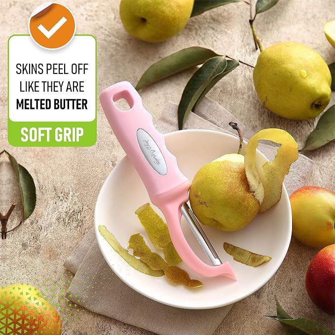 Spring Chef Swivel Vegetable Peeler with Soft Grip Handle, Pink Lemonade | Premium Potato Peeler w/ Ultra Sharp Stainless Steel Blades, Multifunctional Veggie Peeler for Apple, Carrot, Cucumber, Fruit