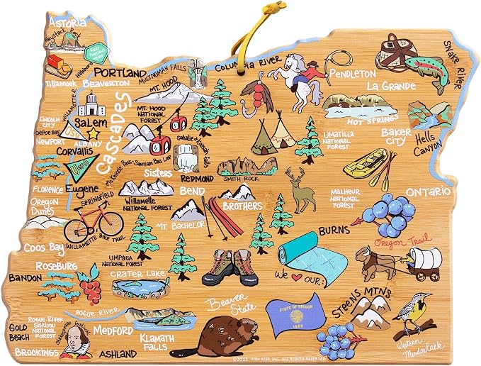 Totally Bamboo Oregon State Shaped Cutting Board, Art by Fish Kiss | State charcuterie board with colorful hand-drawn map artwork. Smooth reverse side for food prep. Hang tie for wall display.