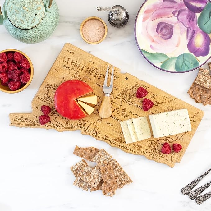 Totally Bamboo Destination Connecticut State Shaped Cutting Board | State charcuterie serving board with engraved map artwork. Smooth reverse side for food prep. Hang tie for wall display.