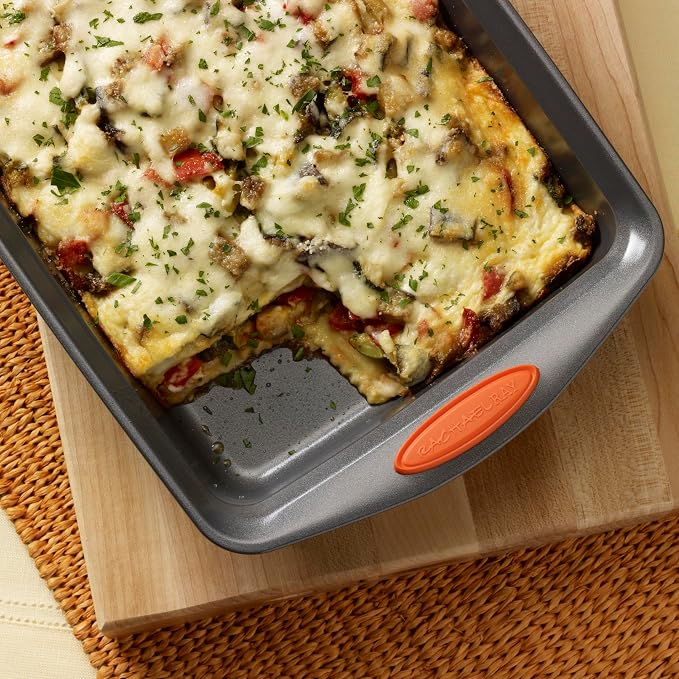 Rachael Ray Nonstick Rectangle Cake Pan, 9x13 Baking Pan | Oven Lovin' Collection, Oven Safe to 500°F, Dishwasher Safe, Great For Lasagna and Casseroles in Gray with Orange Handles