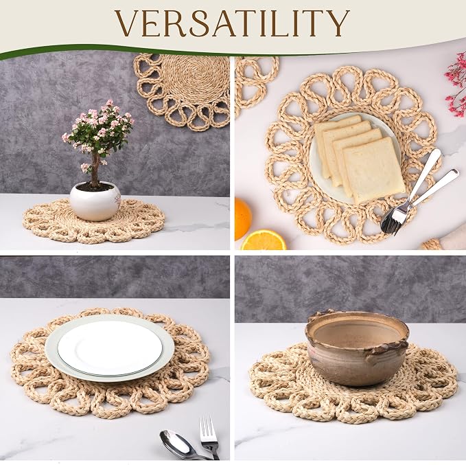 13.8" Corn Husk Woven Round Placemats Set of 4 - Wicker Boho Farmhouse Placemats - Rattan Table Mats Like Water Hyacinth for Dining Table, Wedding, Home, Christmas, Party