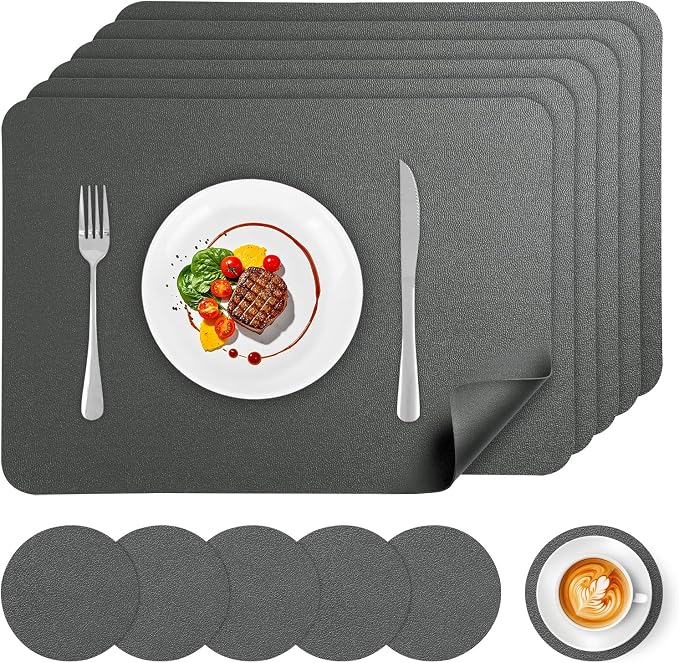 Faux Leather Placemats Set of 6 Waterproof Table Mats with Coaster | 17×12 In Heat Resistant Place Mats Set of 6 Wipebale & Washable Table Placemats for Kitchen Dining Indoor & Outdoor DeepGray