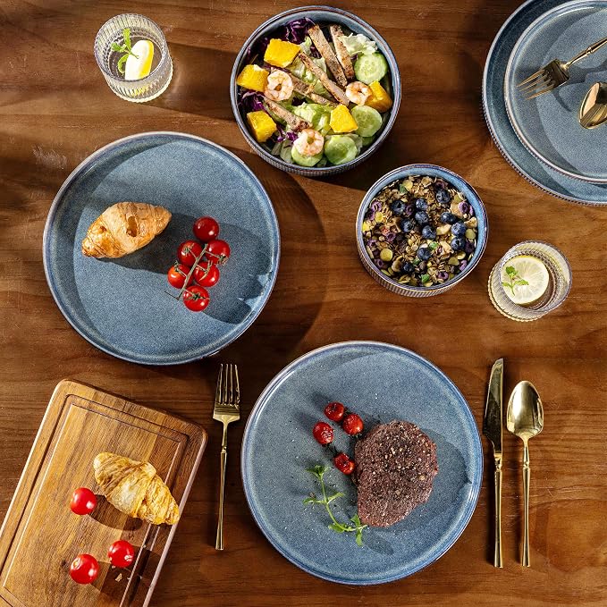 GBHOME Stoneware Dinnerware Sets for 6, 18-Piece Plates and Bowls Set | Handmade Reactive Glaze Ceramic Dish Set, Scratch Resistant, Dishwasher&Microwave Safe,Ceylon Blue