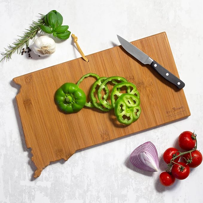Totally Bamboo South Dakota State Shaped Cutting Board, Summer Stokes Art | State charcuterie board with colorful hand-drawn landscape art. Smooth reverse side for food prep. Hang tie for wall display.