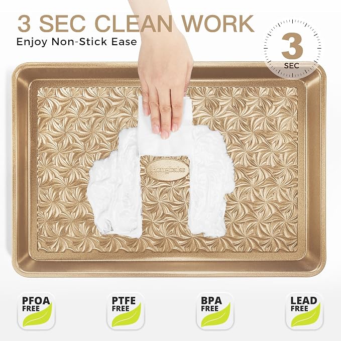 Nonstick Baking Sheet Pan Set of 3, Cookie Sheets for Oven, Non-Toxic Half/Quarter/Jelly Roll Pans with Floral Swirl Texture, Heavy Duty 0.8mm Thick Oven Trays for Cooking, Antique Gold