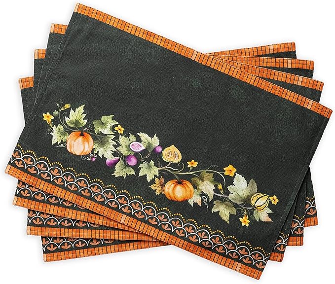Maison d' Hermine Placemats Set of 4 Reusable 100% Cotton (13"x19") | Cloth Place Mats Washable Table Mats for Kitchen Dining Party Hotel Home Thanksgiving Christmas - Pumpkin Garden - Dark Green