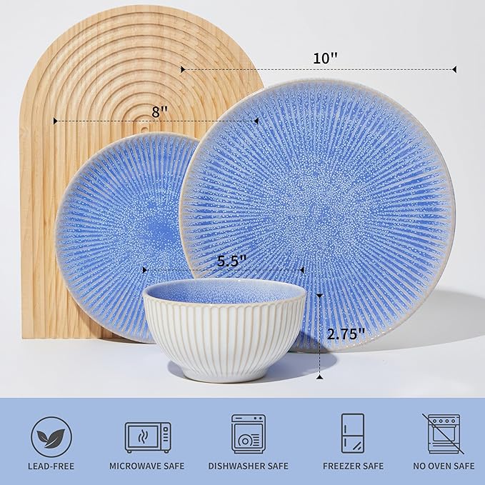 Ceramic Dinnerware Sets, Handmade Reactive Glaze Plates and Bowls Sets, Highly Chip and Crack Resistant Dish Set, Distinctive Granulated Surface Dishwasher & Microwave Safe Service for 4