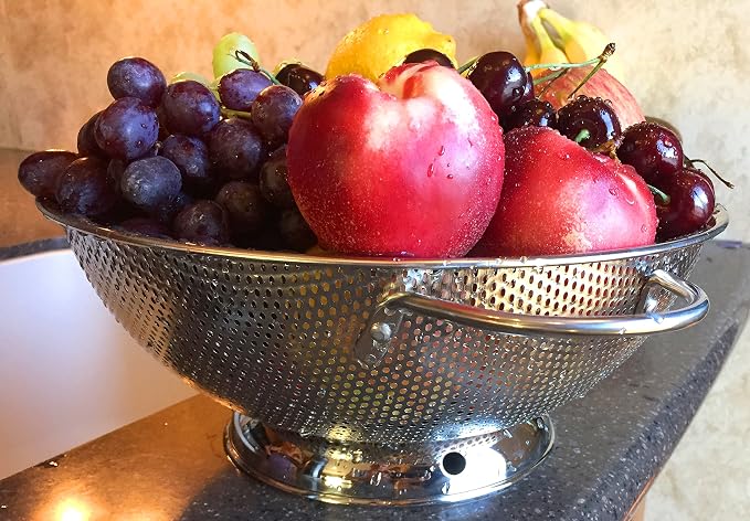 DLD Stainless Steel Micro-Perforated 5-Quart Colander - Professional Strainer with Heavy Duty Handles and Self-draining Solid Ring Base - Dishwasher Safe