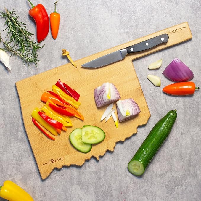 Totally Bamboo Oklahoma State Shaped Cutting Board, Summer Stokes Art | State charcuterie board with colorful hand-drawn landscape art. Smooth reverse side for food prep. Hang tie for wall display.