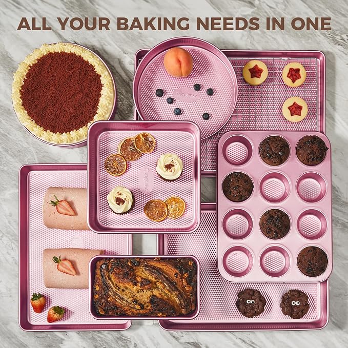 9-Piece Baking Pans Set Nonstick, Stackable Non Toxic Bakeware Sets with Diamond Texture, Oven Pan Set for Cooking, Includes Cookie Sheet with Rack, Cake Pan, Roasting Pan, Muffin Tin, Pink