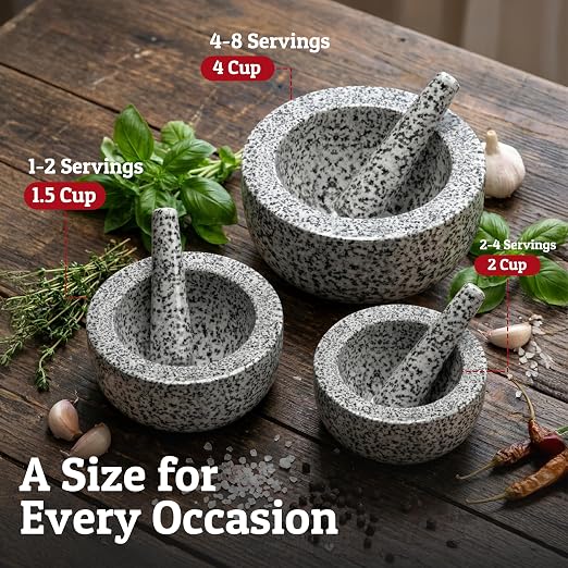 Heavy Duty Large 4 Cup Mortar and Pestle Set, 100% Natural Granite, 7 Inch Diameter Bowl, 7.2 Inch Pestle, Non-Slip Base, Stone Grinder for Guacamole Salsa Pesto Herbs Spices, White
