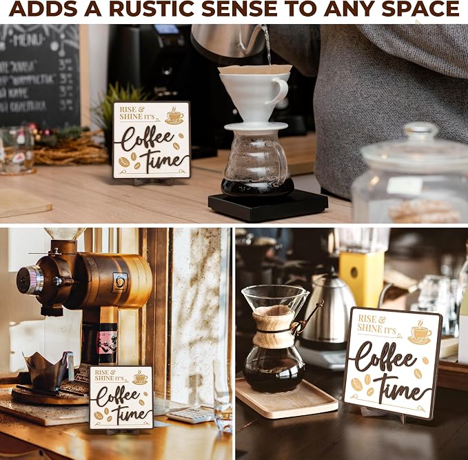 Vintage Coffee Sign Decor, 7 in Wood Cafe Sign for Kitchen Bar | 1 wood sign 7 in square, its coffee time design, coffee bar and cafe station decor, lover gift