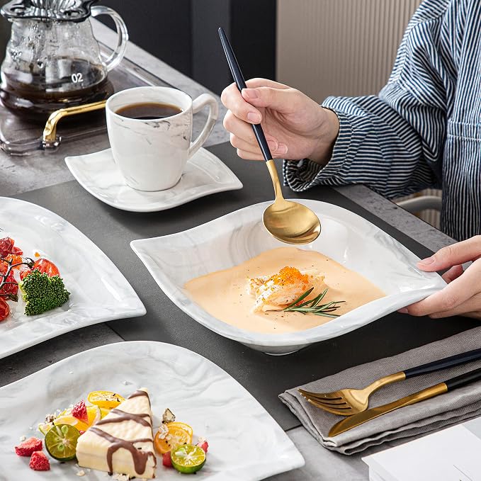 MALACASA 30 Piece Porcelain Dinnerware Set, Marble Grey for 6 | Complete with Plates, Bowls, Cups, Saucers, Microwave Oven and Dishwasher Safe Porcelain, Modern Square Design, Service for 6