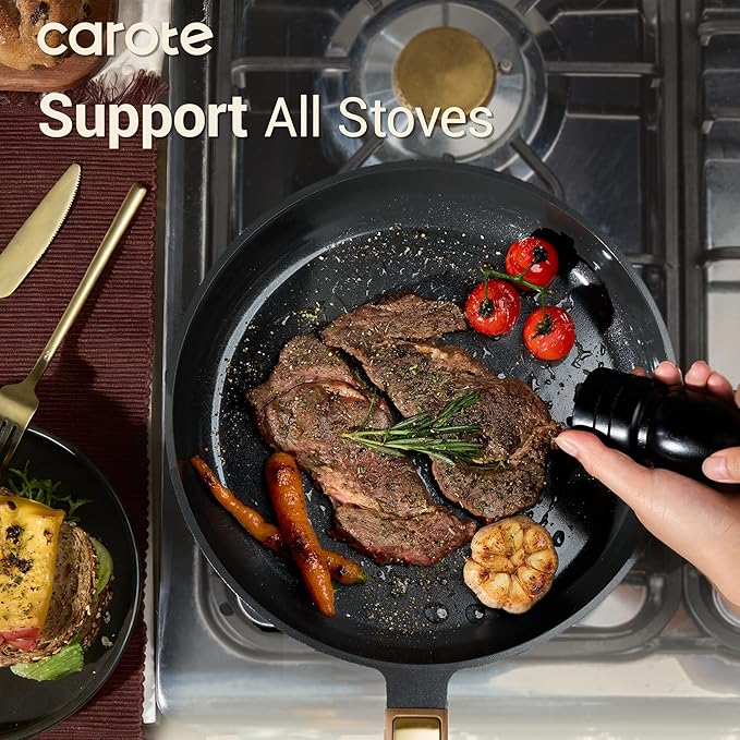 CAROTE Ceramic Cookware Sets, Pots and Pans Set, 16pcs | Non-Toxic Induction Cooking Set with Silicone Lids, Dishwasher Safe, Space Saving, Stay-Cool Handle, PFAS FREE