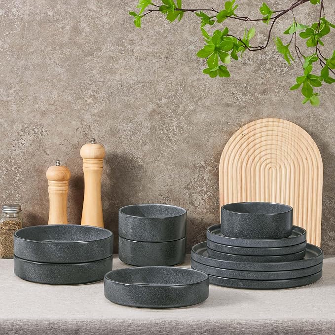 Herogo 16 Piece Plates and Bowls Set, Ceramic Dinnerware Sets with Pasta Bowls, Kitchen Dinner Ware Dishes Service for 4, Chip & Scratch Resistant Dishware, Dark Gray