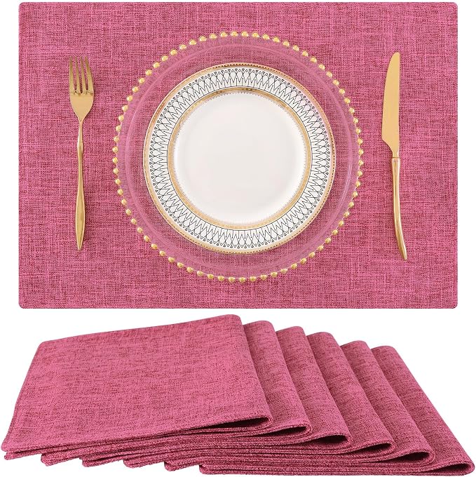 Faux Cotton Linen Placemats Set of 6, Cloth Washable Farmhouse Dining Table Mats for Indoors & Outdoors, Easy to Clean, Hot Pink, 13 x 19 Inch