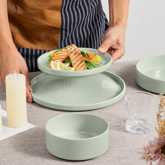 Herogo 16 Piece Plates and Bowls Set, Porcelain Dinnerware Sets with Pasta Bowls, Kitchen Dinner Ware Dishes Service for 4, Chip & Scratch Resistant Dishware, Speckled Light Green
