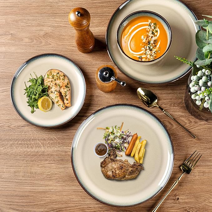 GBHOME Dinnerware Sets for 4, 12 Pieces Ceramic Plates and Bowls Set | Scratch Resistant Stoneware Dishes Set, Dishwasher & Microwave Safe, Reactive Glaze-Pale Khaki
