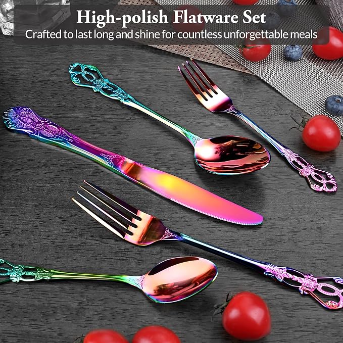 Silverware Set, 30 Pieces Retro Royal Silverware Set for 6, Baroque-style Stainless Steel Flatware Set Including Fork Spoon and Knife, Dishwasher Safe, Rainbow
