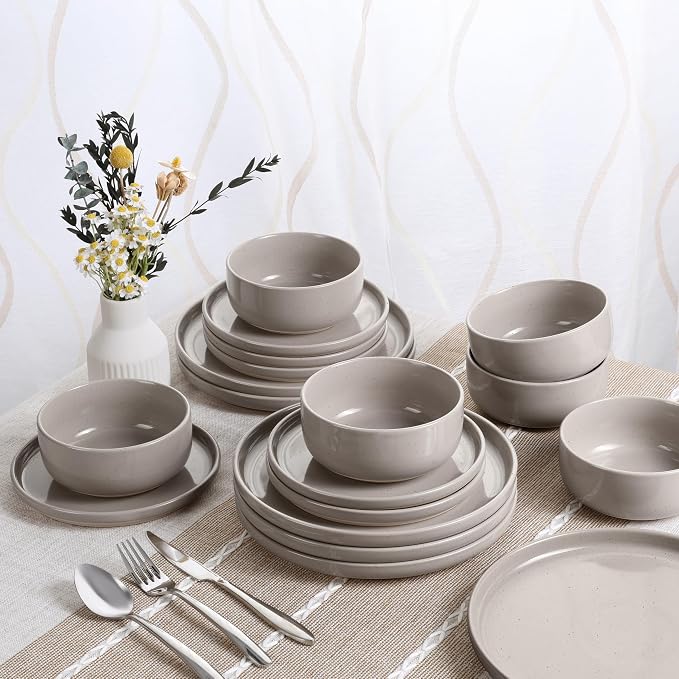 HaWare Dinnerware Sets, 18-Piece Plates and Bowls Set for 6, Cream Coffee