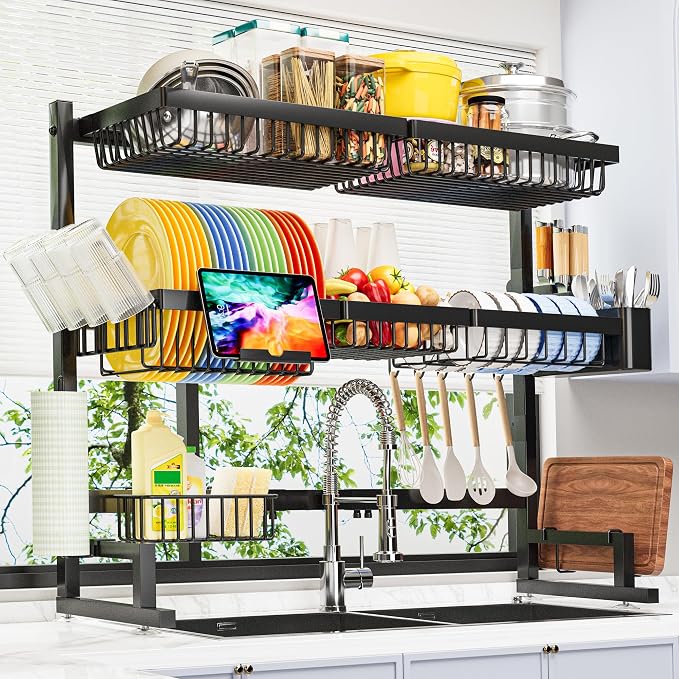 ADBIU Over The Sink Dish Drying Rack (Expandable Height and Length) Snap-On Design 2 Tier Large Dish Rack 31-39.4L x 12W x 34-38H inches