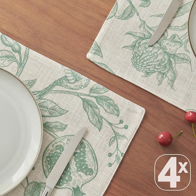 JINCHAN Linen Placemats Set of 4 Farmhouse Botanical Print 13x19 Inch Green | Fabric Placemats, Cottage Style, Botanical Bird Motif, Machine Washable, Easy to Store, Reusable
